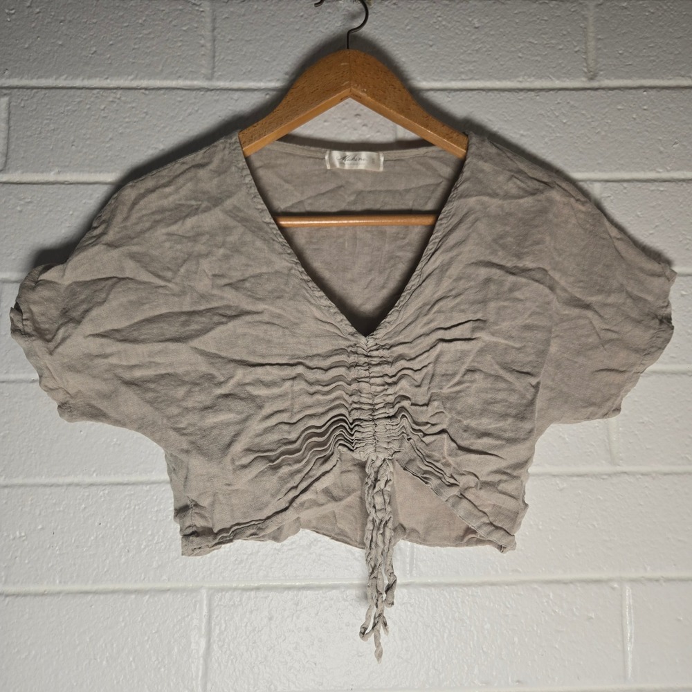 Mahina Womens Ruched Front Crop Top Tan Beige Linen Italy Boho Lightweight